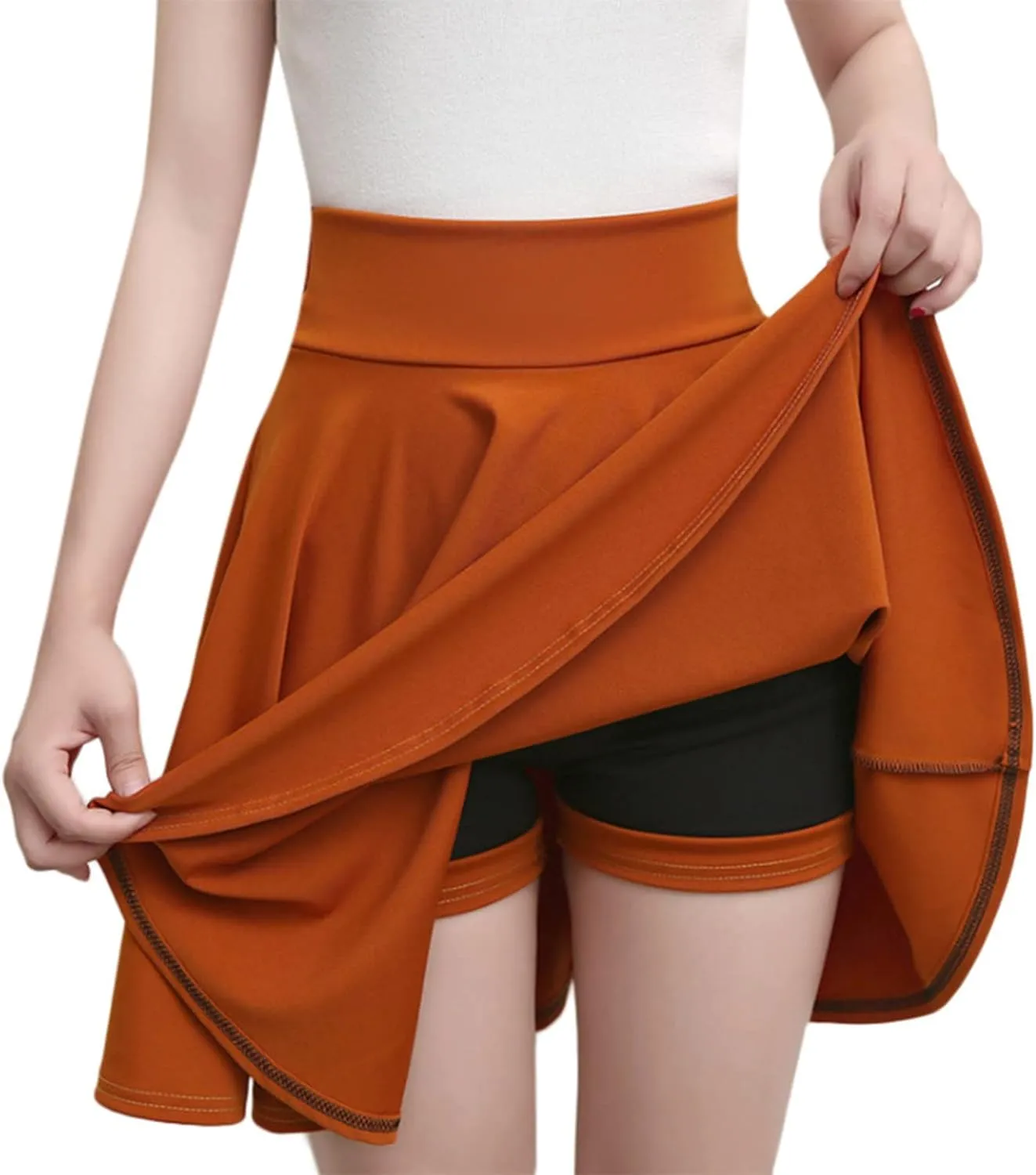 Women's Basic Mini Skirt Elastic High Waisted Casual Stretchy Pleated Skirts with Shorts A-Line Swing Short Dress