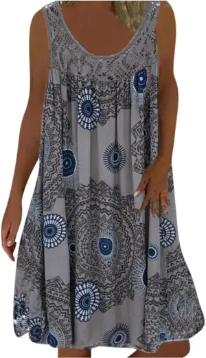 Womens Boho Floral Print Loose Tank Dress Casual Sleeveless Crochet Crewneck Knee Length Plus Size Sun Beach Dress