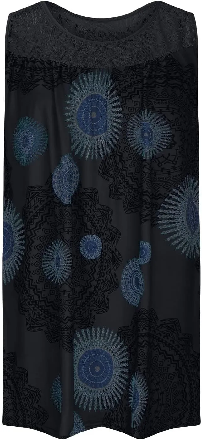 Womens Boho Floral Print Loose Tank Dress Casual Sleeveless Crochet Crewneck Knee Length Plus Size Sun Beach Dress