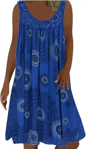 Womens Boho Floral Print Loose Tank Dress Casual Sleeveless Crochet Crewneck Knee Length Plus Size Sun Beach Dress