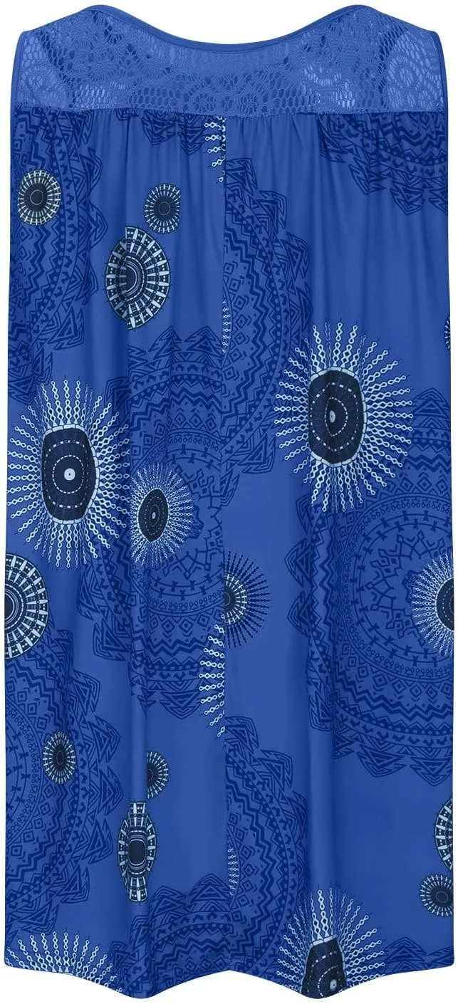 Womens Boho Floral Print Loose Tank Dress Casual Sleeveless Crochet Crewneck Knee Length Plus Size Sun Beach Dress