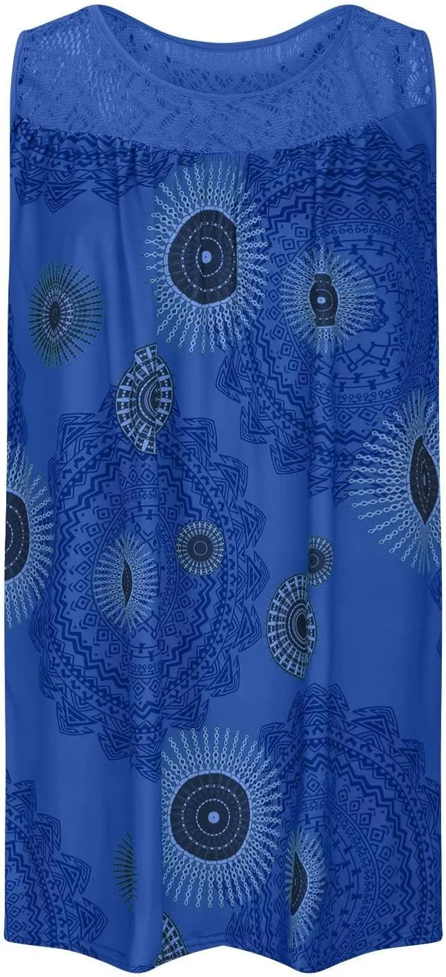 Womens Boho Floral Print Loose Tank Dress Casual Sleeveless Crochet Crewneck Knee Length Plus Size Sun Beach Dress