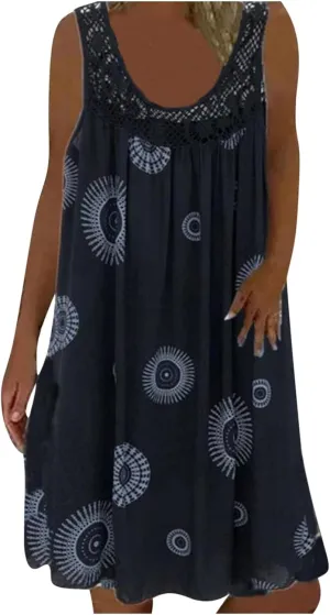 Womens Boho Floral Print Loose Tank Dress Casual Sleeveless Crochet Crewneck Knee Length Plus Size Sun Beach Dress
