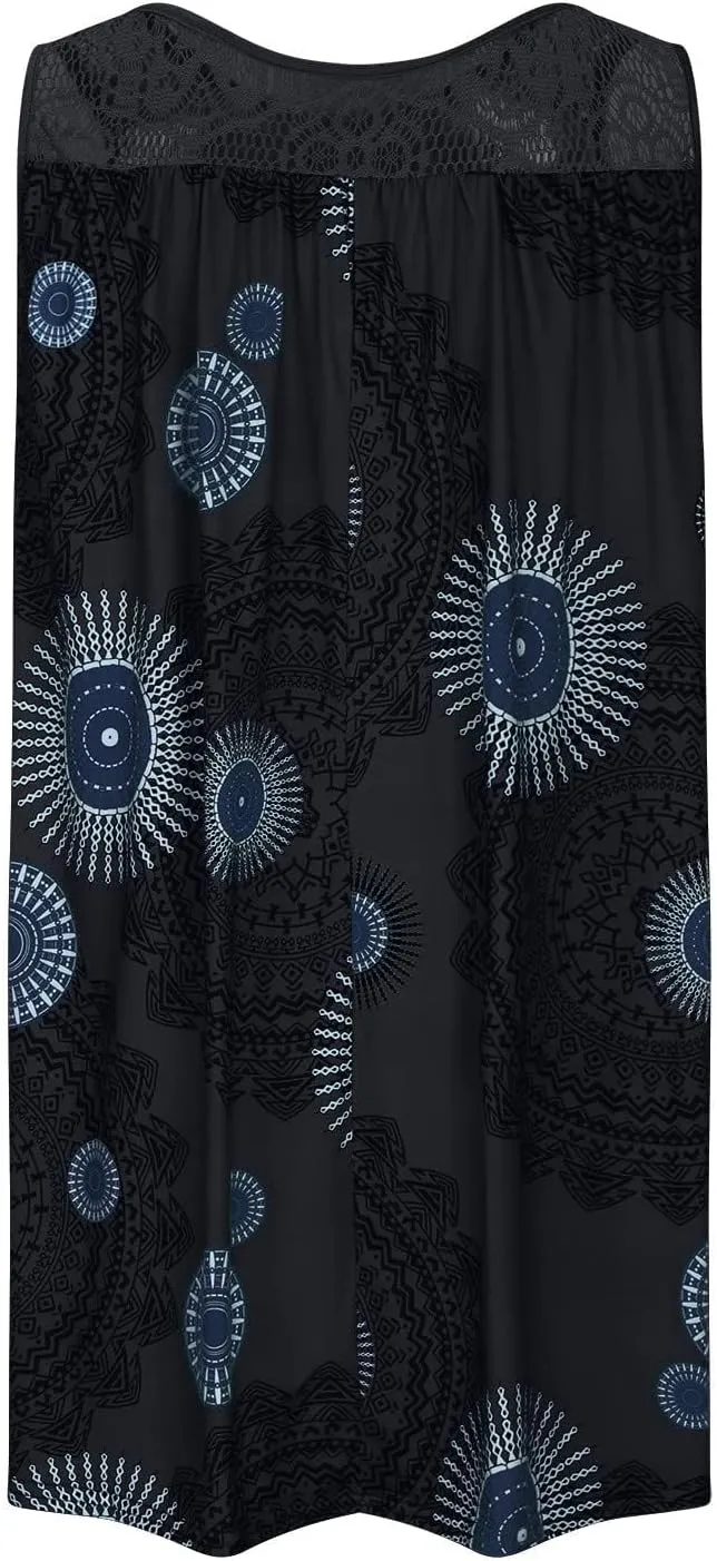 Womens Boho Floral Print Loose Tank Dress Casual Sleeveless Crochet Crewneck Knee Length Plus Size Sun Beach Dress
