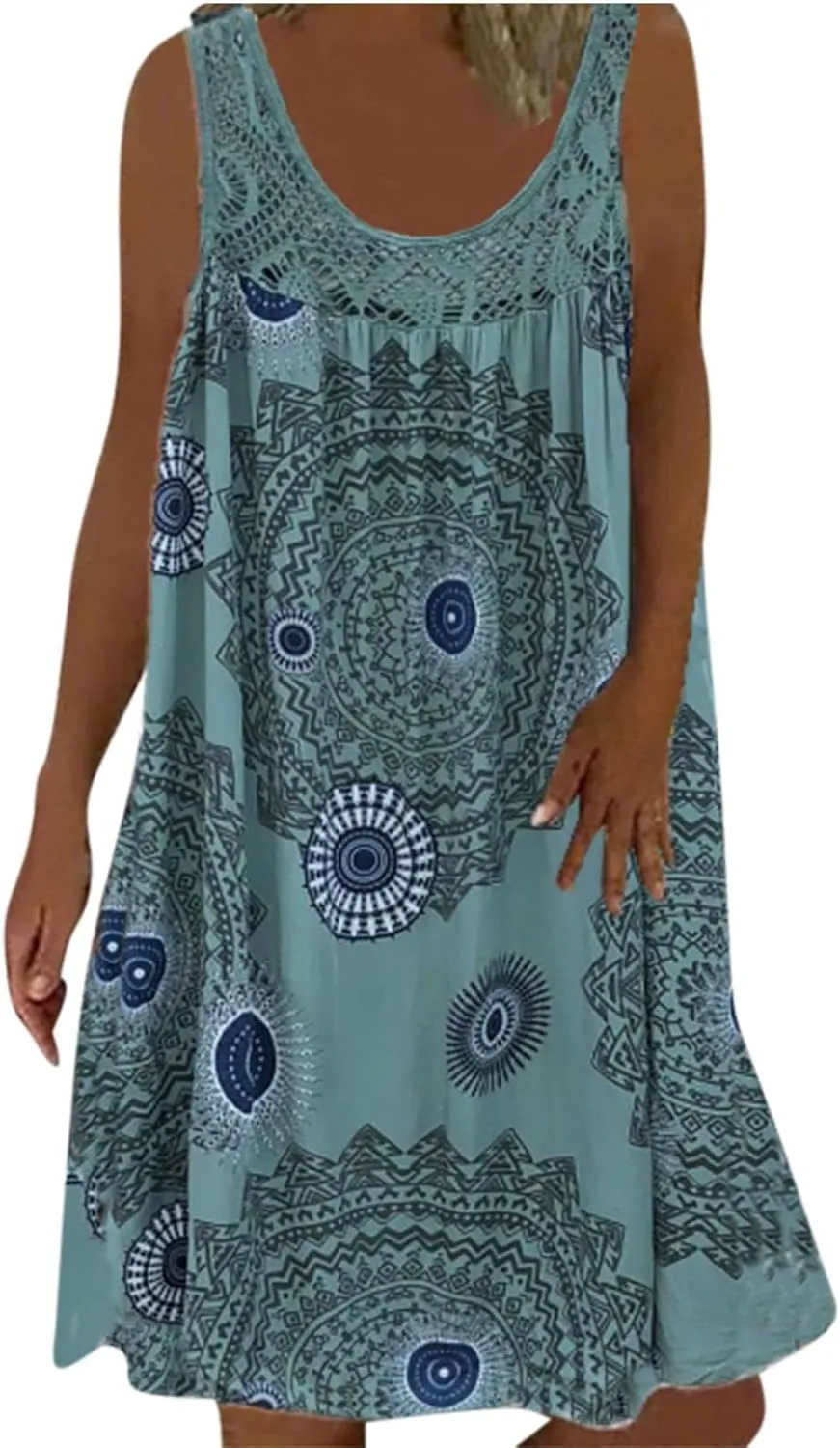 Womens Boho Floral Print Loose Tank Dress Casual Sleeveless Crochet Crewneck Knee Length Plus Size Sun Beach Dress