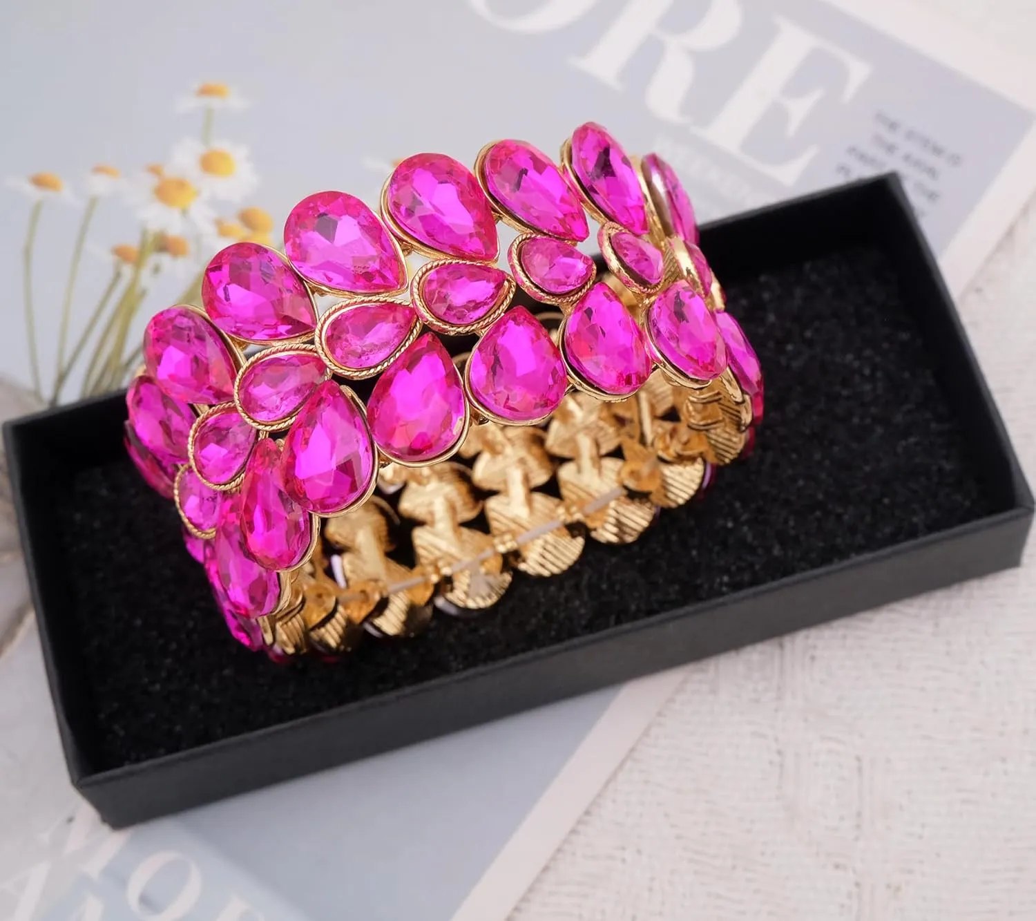 Women's Bridal Wide Stretch Bangles Bracelets Waterdrop Crystal Statement Jewelry for Wedding Evening Party Costume Accessories #1622
