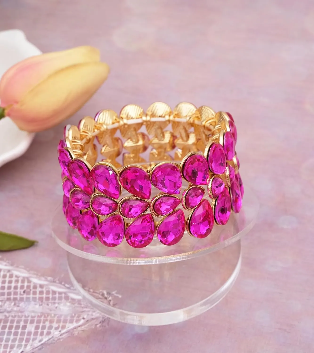 Women's Bridal Wide Stretch Bangles Bracelets Waterdrop Crystal Statement Jewelry for Wedding Evening Party Costume Accessories #1622