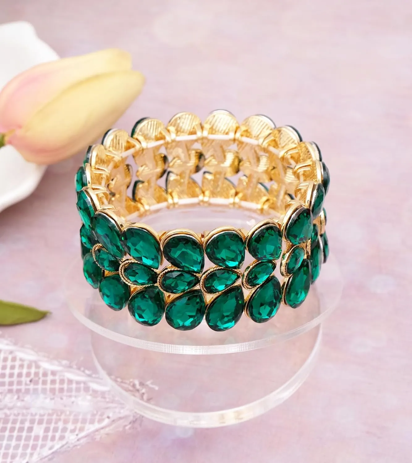 Women's Bridal Wide Stretch Bangles Bracelets Waterdrop Crystal Statement Jewelry for Wedding Evening Party Costume Accessories #1622