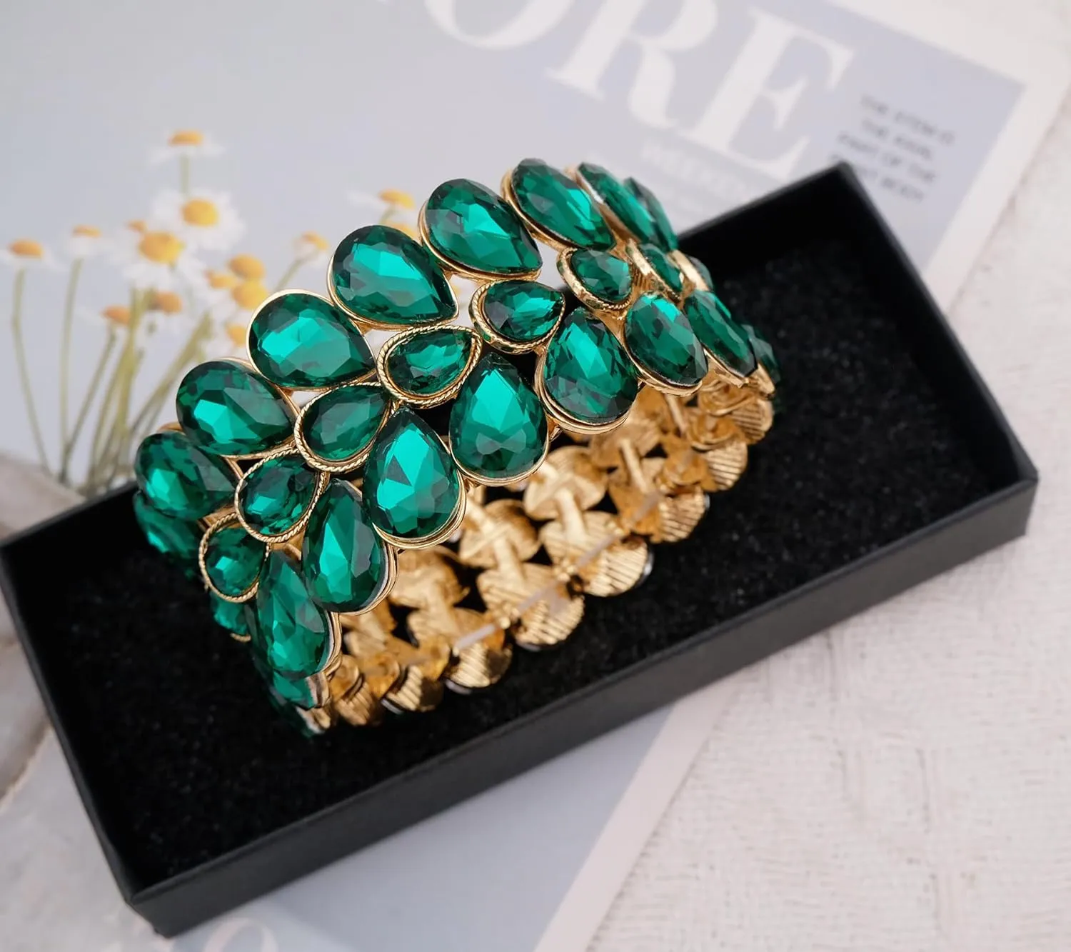Women's Bridal Wide Stretch Bangles Bracelets Waterdrop Crystal Statement Jewelry for Wedding Evening Party Costume Accessories #1622