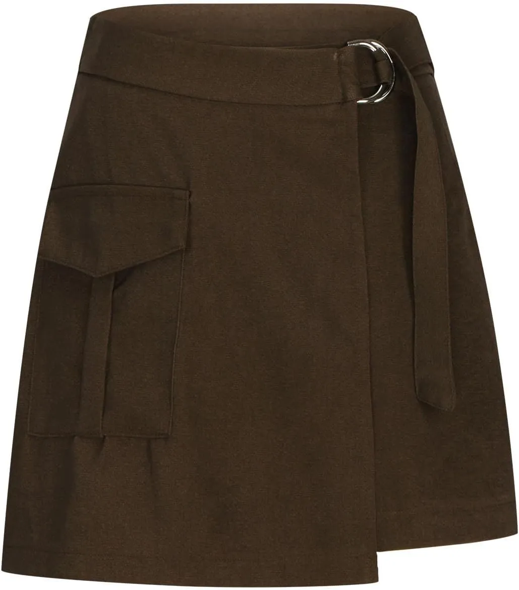 Women's Cargo Mini Skirts Casual Asymmetrical Slit High Waisted Wrap Skirt Adjustable Loop Belts Skort with Pocket