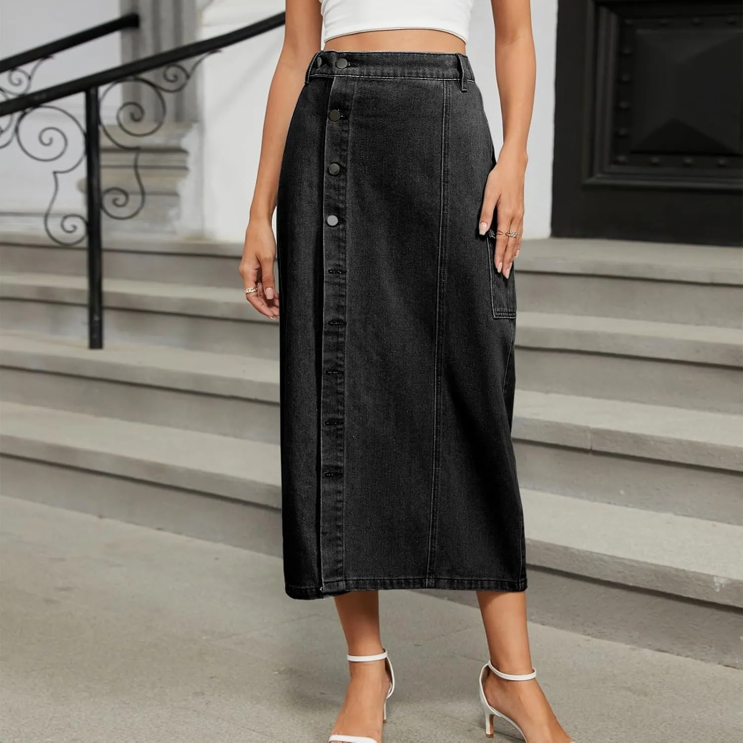 Women's Casual Denim Midi Jean Skirt Elastic High Waisted Button Up Slit Long Denim Skirts with Pockets