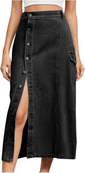 Women's Casual Denim Midi Jean Skirt Elastic High Waisted Button Up Slit Long Denim Skirts with Pockets