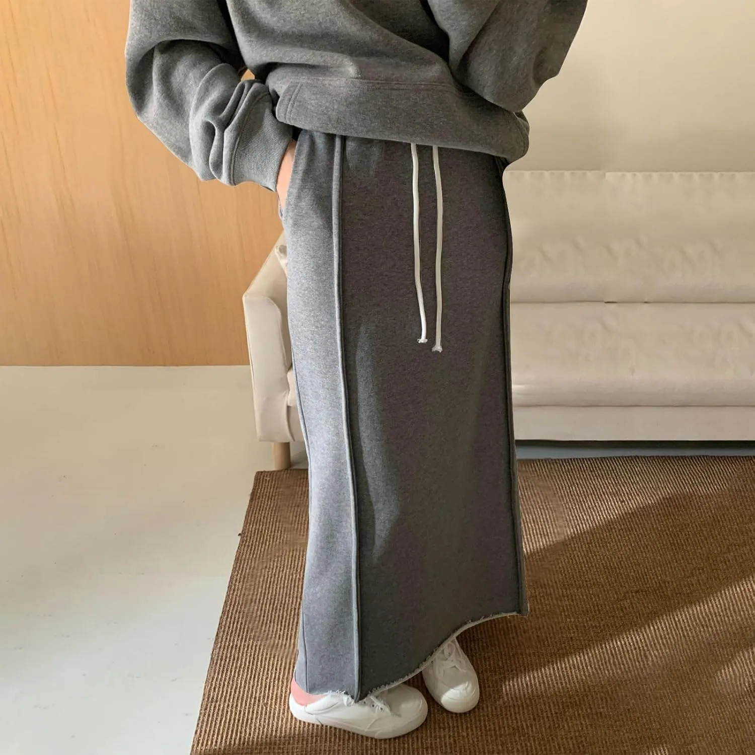Women's Drawstring Stretch Mid Calf Length Skirt Elastic Waisted Solid Skirts Spring Summer Casual Comfy Skirt