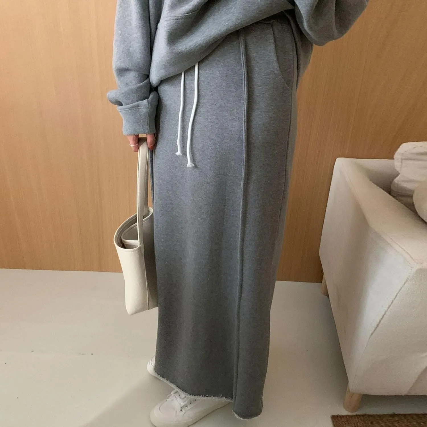 Women's Drawstring Stretch Mid Calf Length Skirt Elastic Waisted Solid Skirts Spring Summer Casual Comfy Skirt