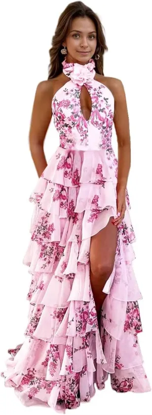Women's Floral Prom Dresses Backless Chiffon Tiered Ruffles Formal Evening Party Dress with Slit
