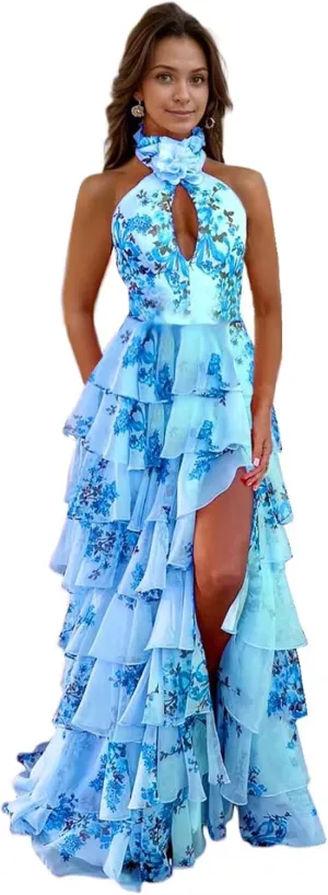 Women's Floral Prom Dresses Backless Chiffon Tiered Ruffles Formal Evening Party Dress with Slit