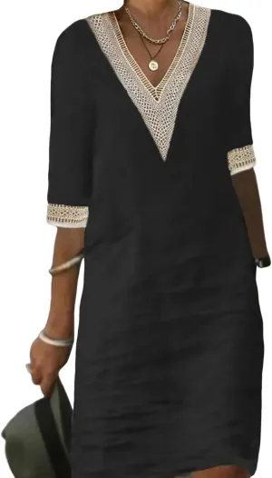 Womens Half Sleeve Cotton Linen Midi Dress Summer Plus Size Lace V Neck Knee Length Shift Beach Dresses