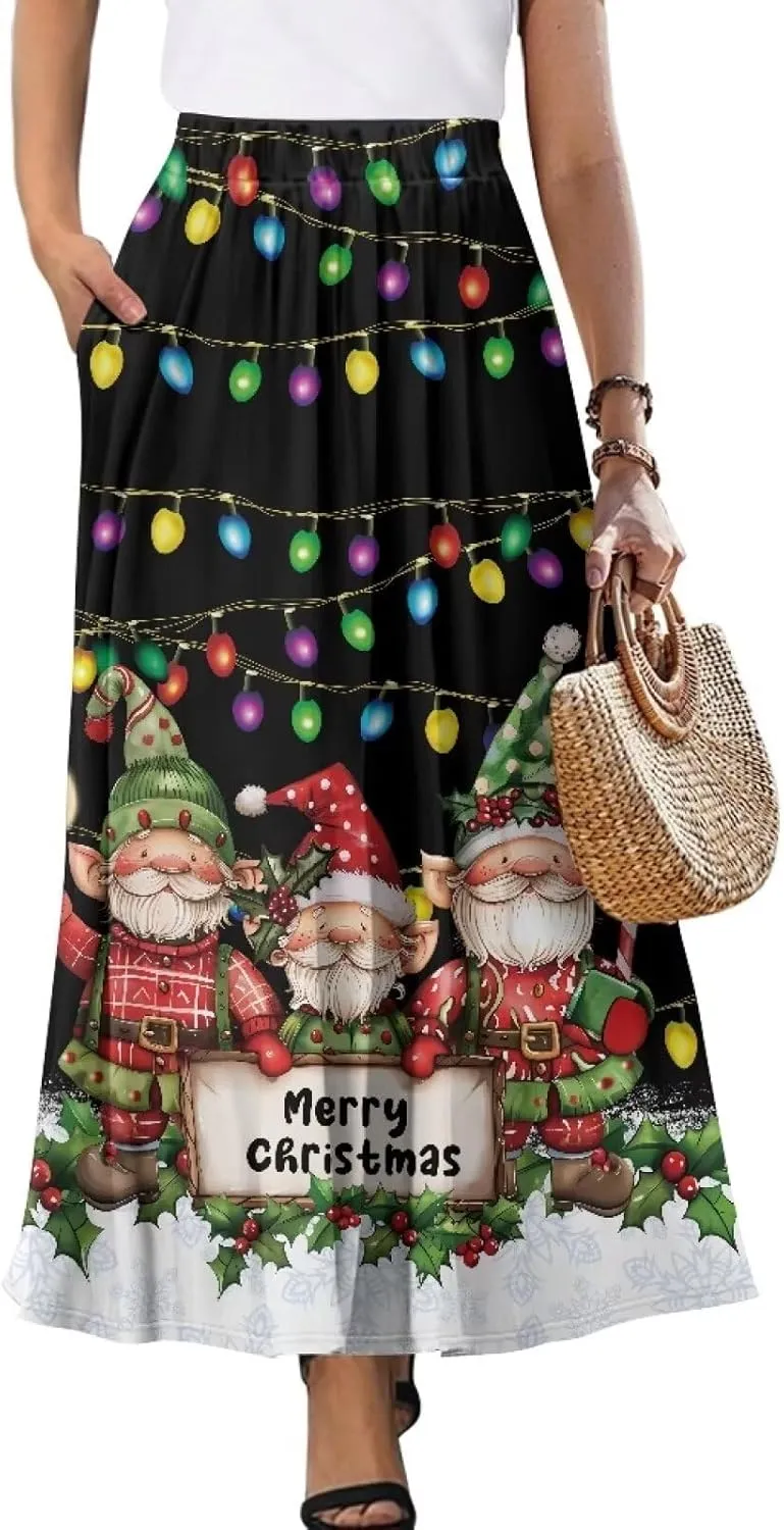 Women's High Waist A-Line Skirt Polyester Maxi Skirt with Pockets for Walking Vacation Travel
