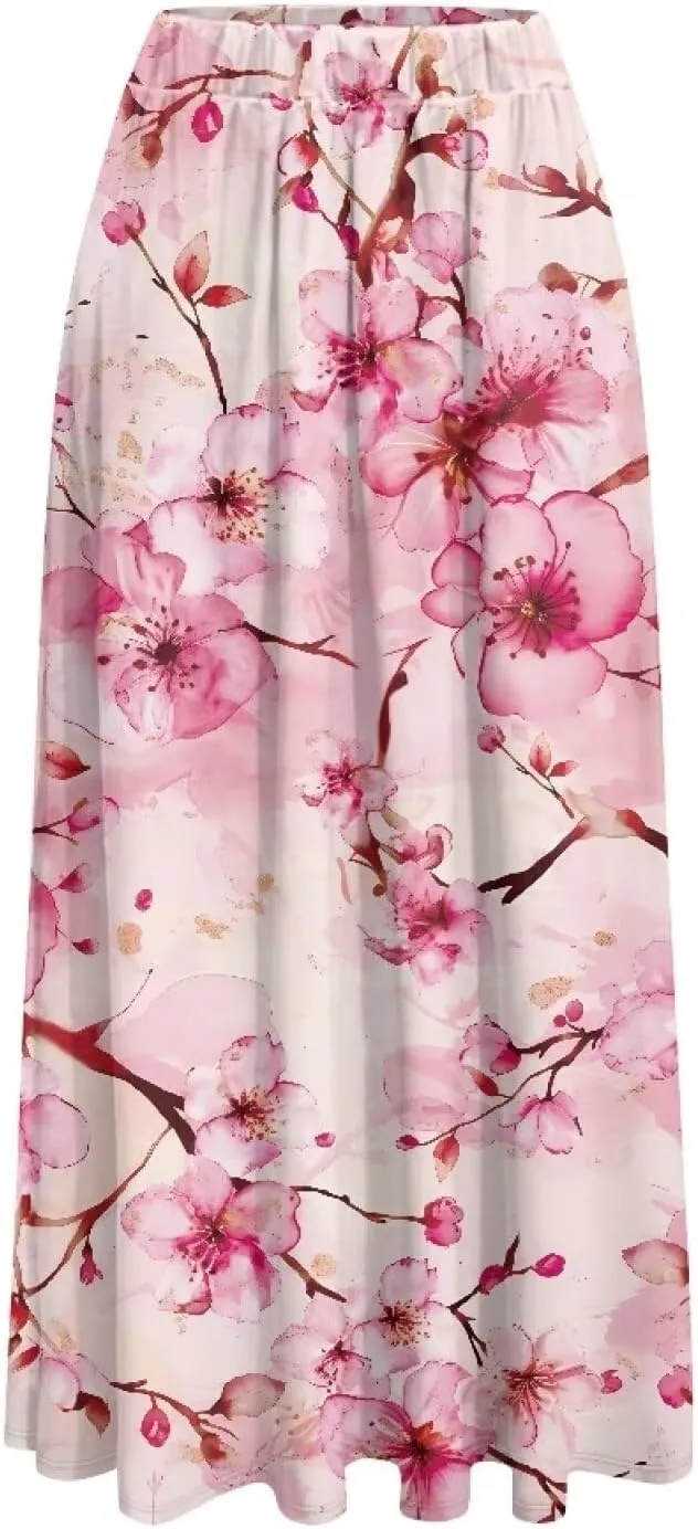 Women's High Waist A-Line Skirt Polyester Maxi Skirt with Pockets for Walking Vacation Travel