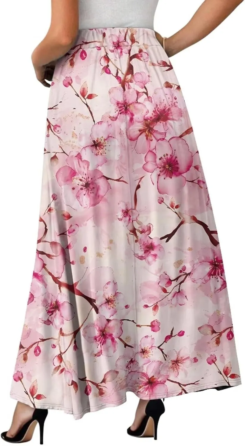 Women's High Waist A-Line Skirt Polyester Maxi Skirt with Pockets for Walking Vacation Travel
