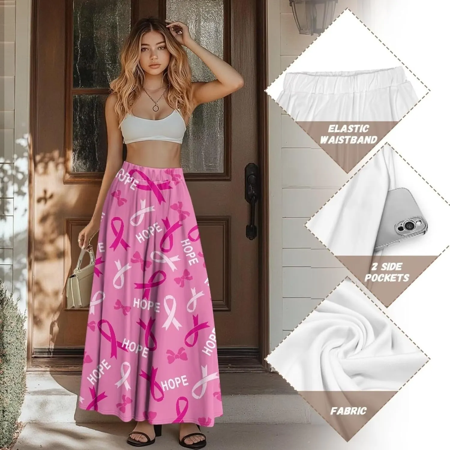 Women's High Waist A-Line Skirt Polyester Maxi Skirt with Pockets for Walking Vacation Travel