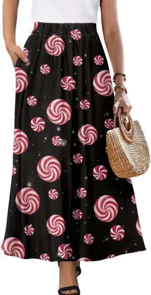 Women's High Waist A-Line Skirt Polyester Maxi Skirt with Pockets for Walking Vacation Travel