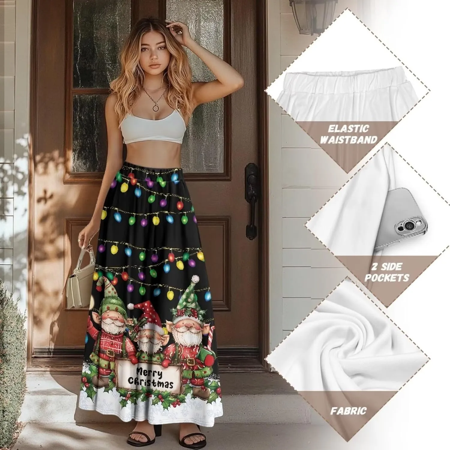 Women's High Waist A-Line Skirt Polyester Maxi Skirt with Pockets for Walking Vacation Travel