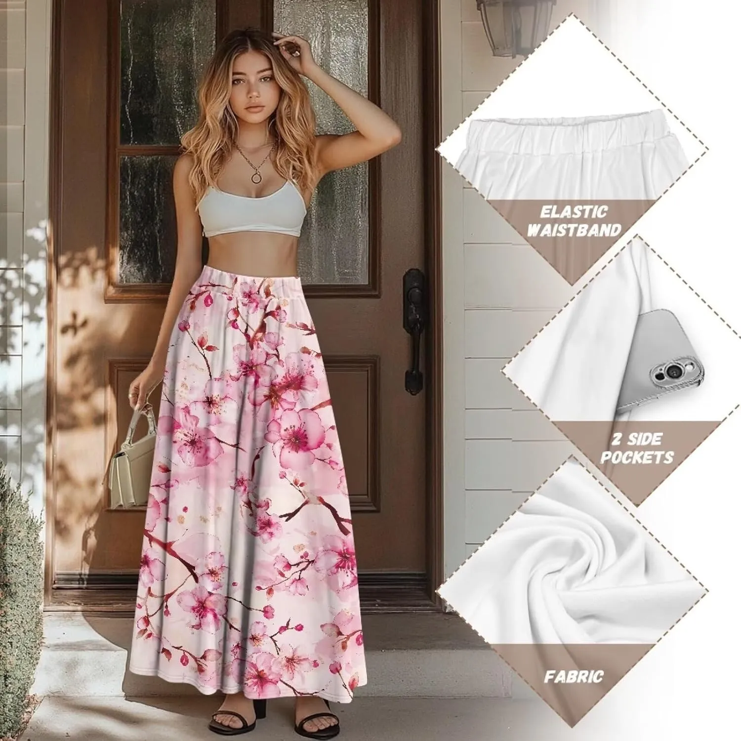Women's High Waist A-Line Skirt Polyester Maxi Skirt with Pockets for Walking Vacation Travel