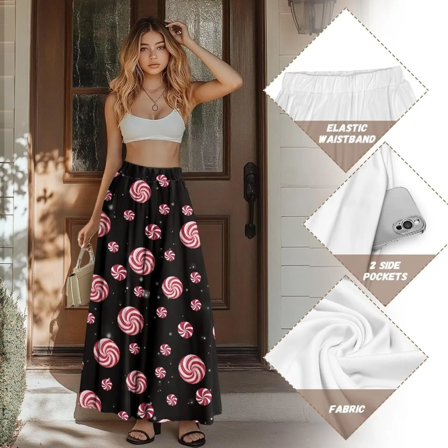 Women's High Waist A-Line Skirt Polyester Maxi Skirt with Pockets for Walking Vacation Travel