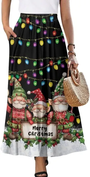 Women's High Waist A-Line Skirt Polyester Maxi Skirt with Pockets for Walking Vacation Travel