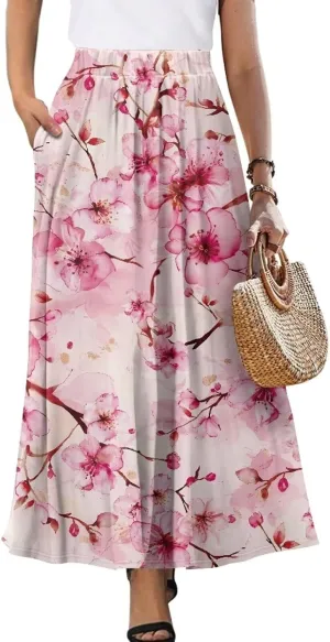 Women's High Waist A-Line Skirt Polyester Maxi Skirt with Pockets for Walking Vacation Travel