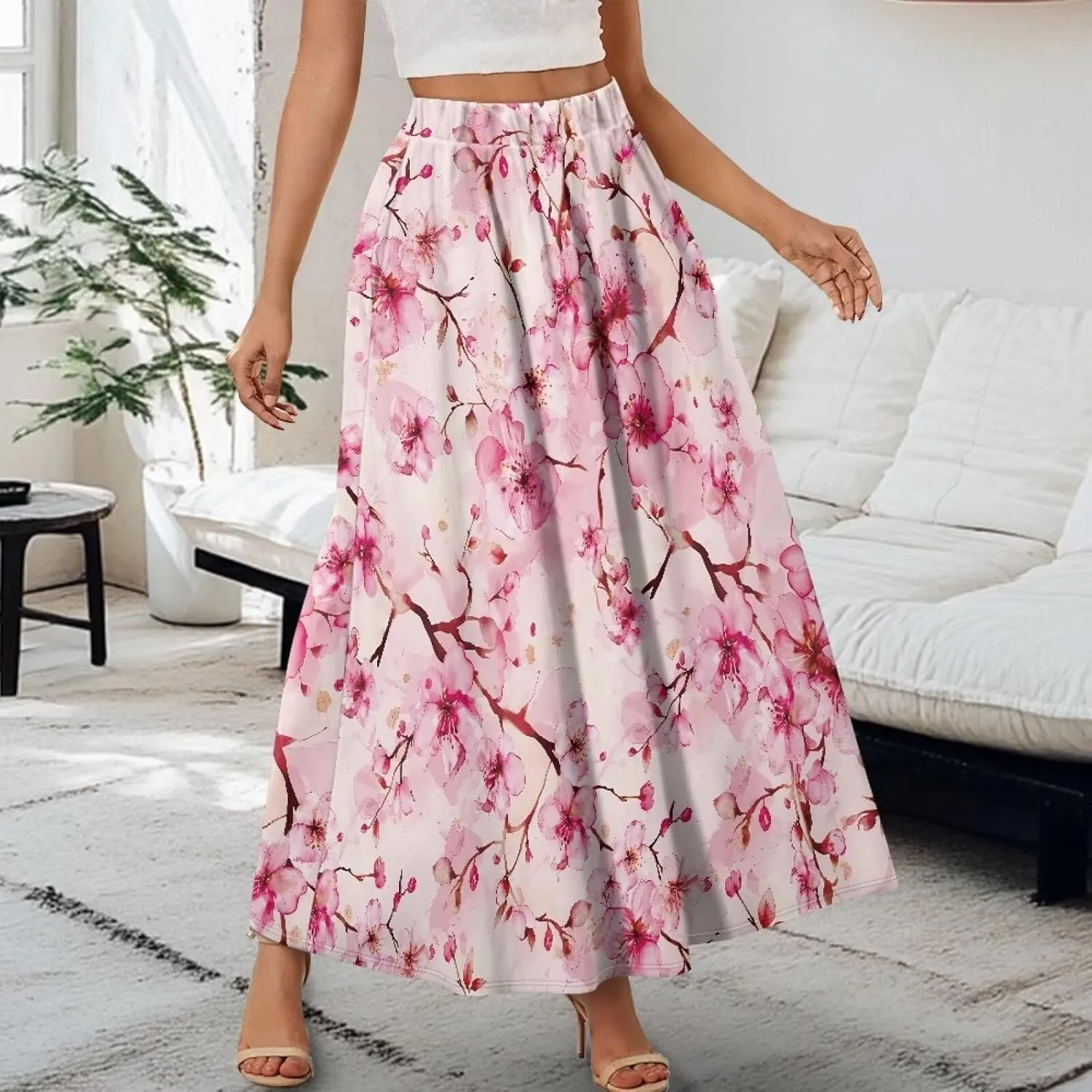 Women's High Waist A-Line Skirt Polyester Maxi Skirt with Pockets for Walking Vacation Travel