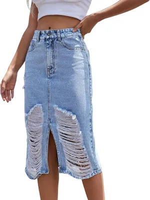Women's High Waisted Denim Skirts Casual Ripped Slim Skirt Trendy Midi Skirt A Line Summer Jean Skirt with