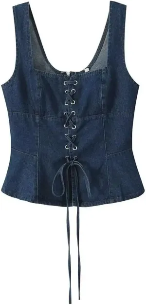 Women's Lace-Up Slim Fit Vintage Denim Camisole