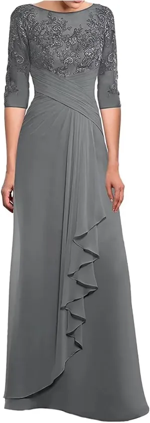 Women's Laces Appliques Mother of The Bride Dresses with Sleeves Long Chiffon Wedding Guest Dresses