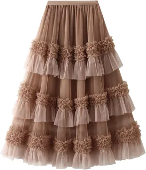 Women's Layered Long Tulle Skirt Color Block Ankle-Length A-Line High Waisted Mesh Maxi Skirt for Evening Party Club