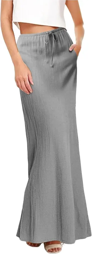 Womens Linen Casual Midi Skirts Women High Waisted Drawstring Flowy Long Skirt Solid Pencil Skirt for Women