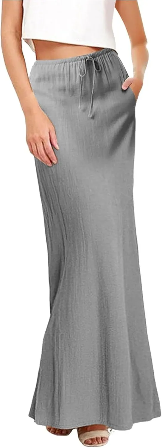 Womens Linen Casual Midi Skirts Women High Waisted Drawstring Flowy Long Skirt Solid Pencil Skirt for Women