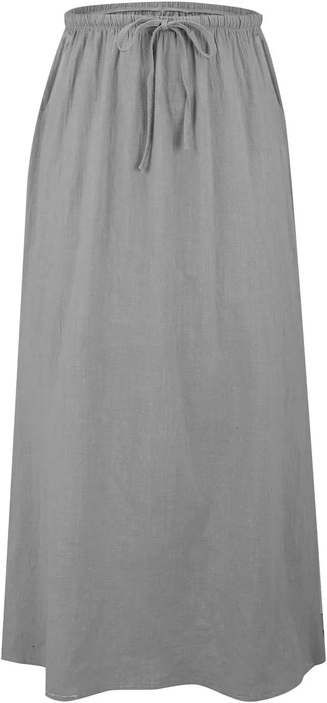 Womens Linen Casual Midi Skirts Women High Waisted Drawstring Flowy Long Skirt Solid Pencil Skirt for Women