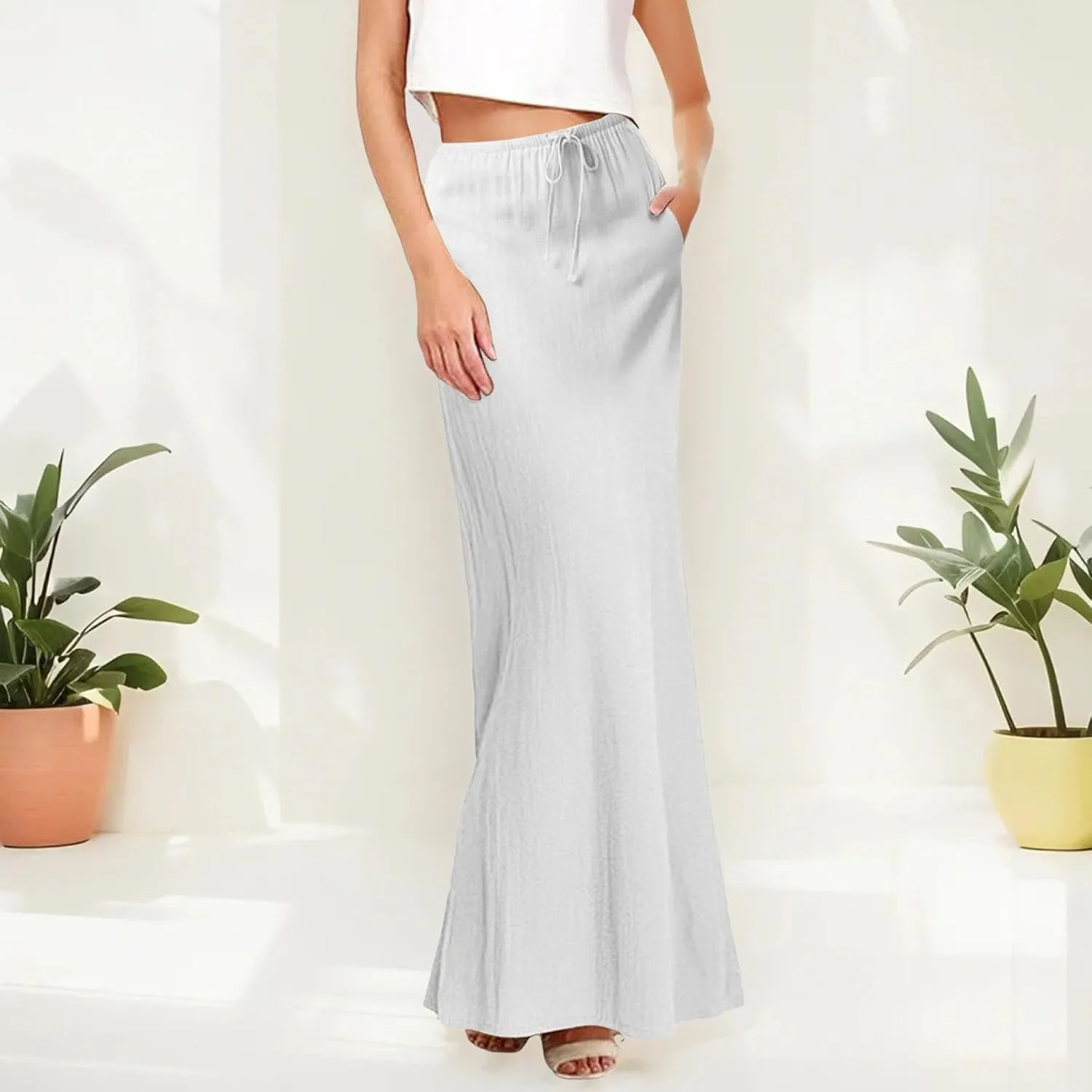 Womens Linen Casual Midi Skirts Women High Waisted Drawstring Flowy Long Skirt Solid Pencil Skirt for Women