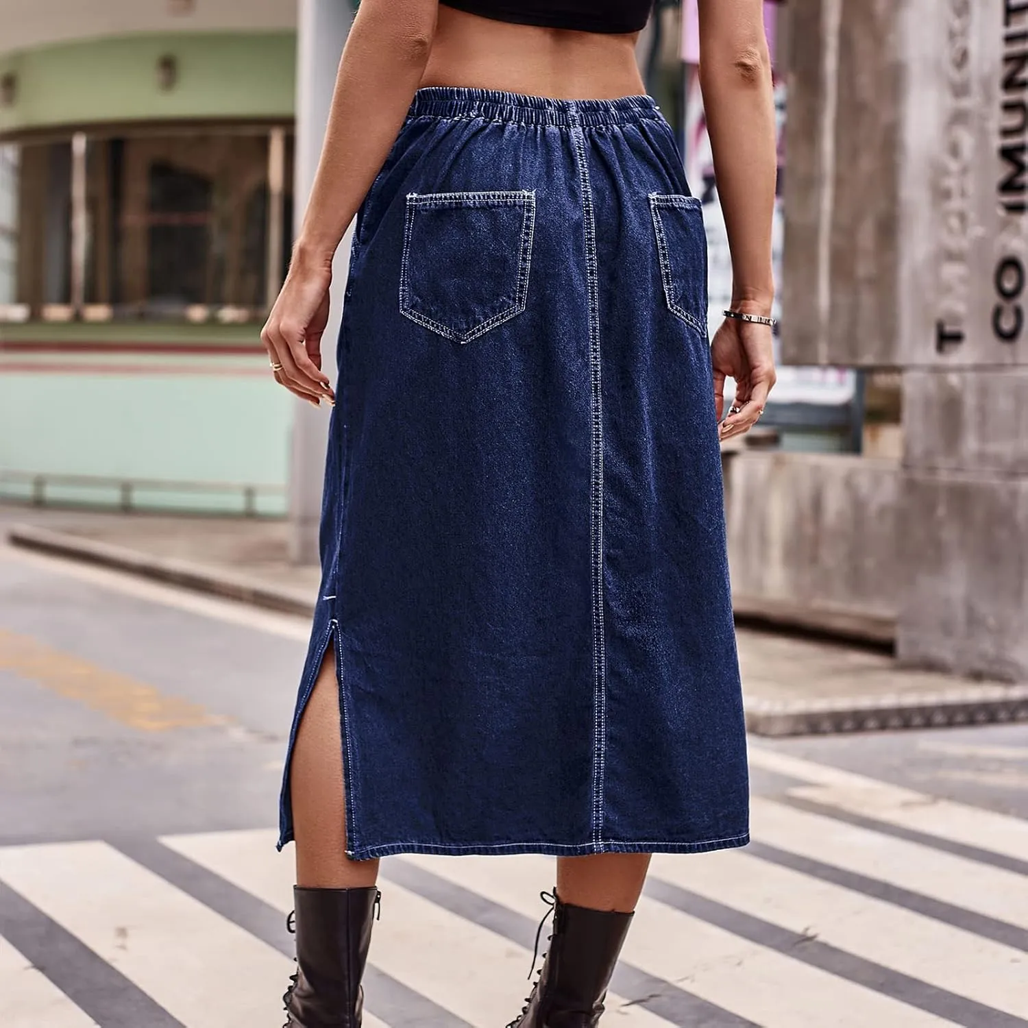 Women's Long Midi Skirt Vintage Leisure Denim Skirt Side Slit Summer Pencil Skirt Stretchy Denim