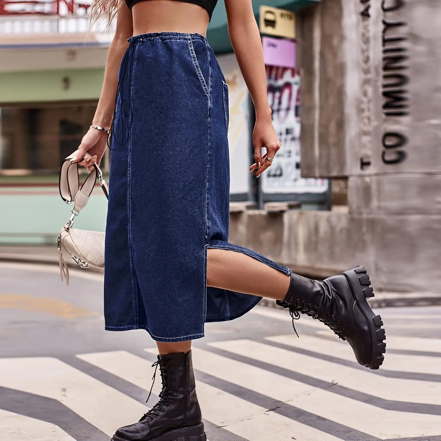 Women's Long Midi Skirt Vintage Leisure Denim Skirt Side Slit Summer Pencil Skirt Stretchy Denim