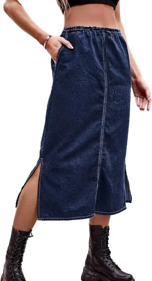 Women's Long Midi Skirt Vintage Leisure Denim Skirt Side Slit Summer Pencil Skirt Stretchy Denim