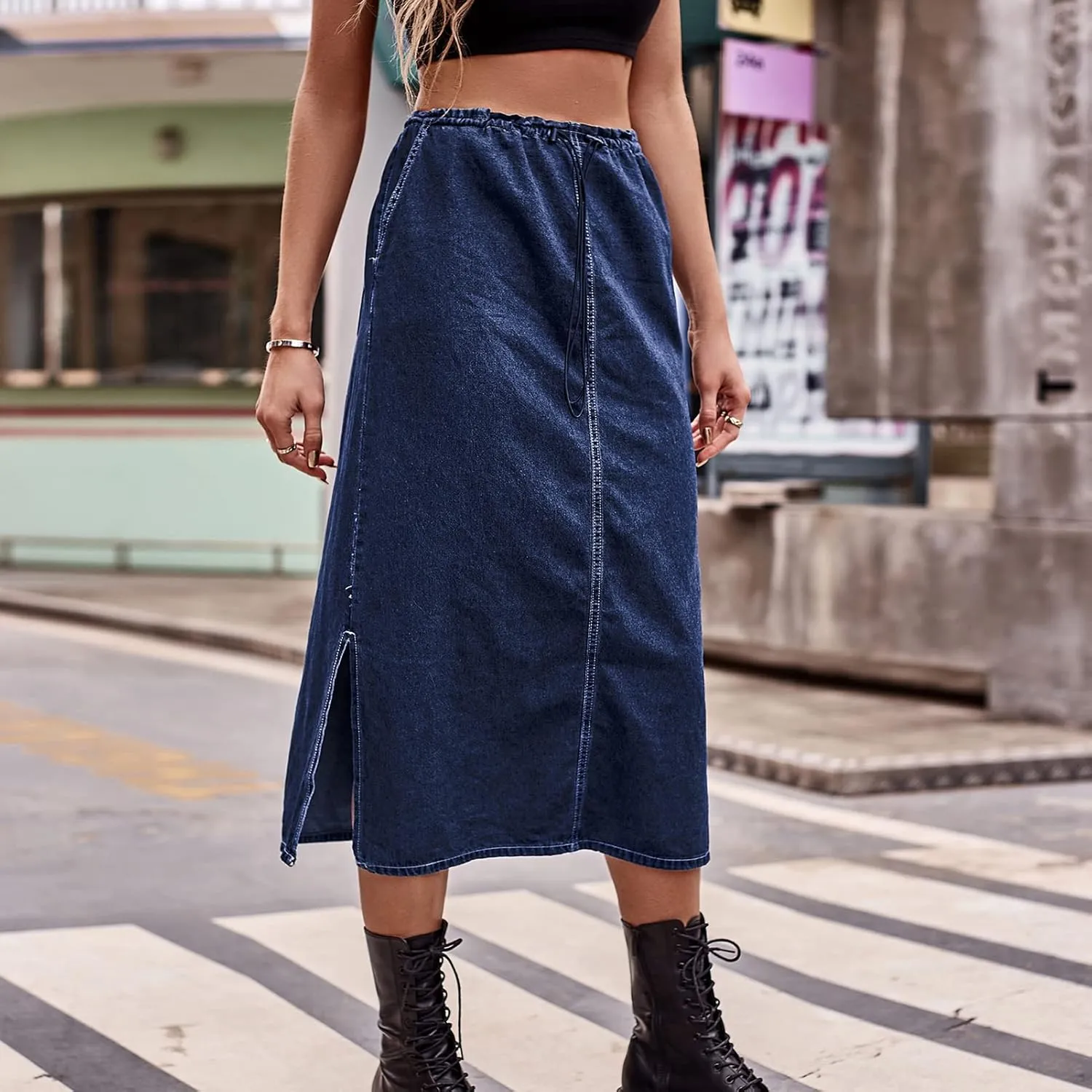Women's Long Midi Skirt Vintage Leisure Denim Skirt Side Slit Summer Pencil Skirt Stretchy Denim