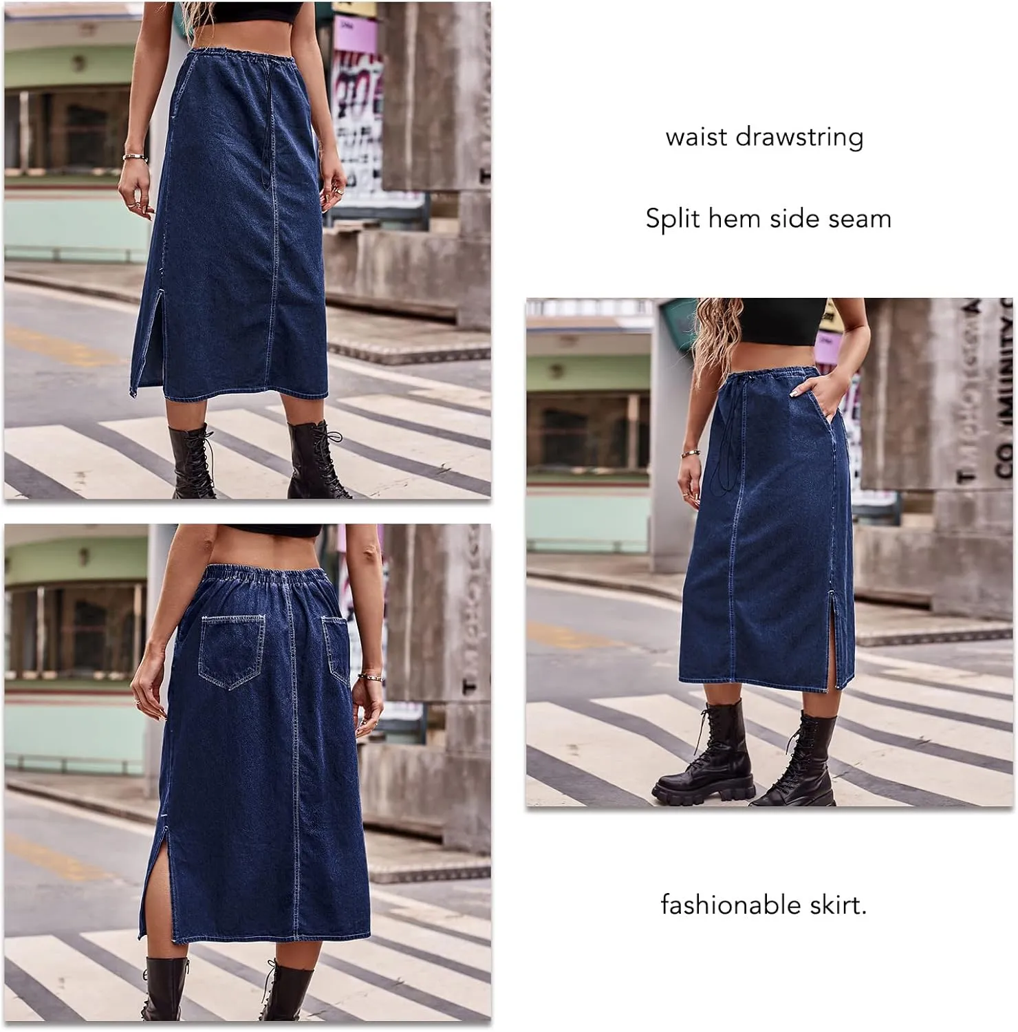 Women's Long Midi Skirt Vintage Leisure Denim Skirt Side Slit Summer Pencil Skirt Stretchy Denim