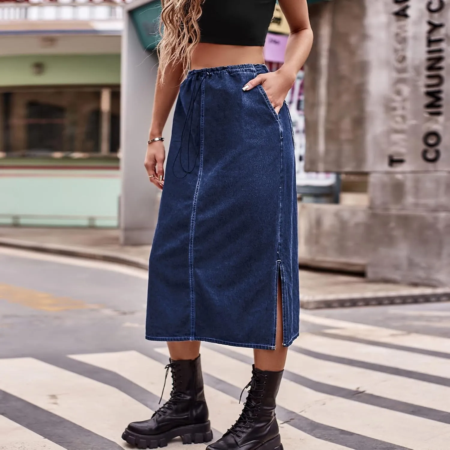 Women's Long Midi Skirt Vintage Leisure Denim Skirt Side Slit Summer Pencil Skirt Stretchy Denim
