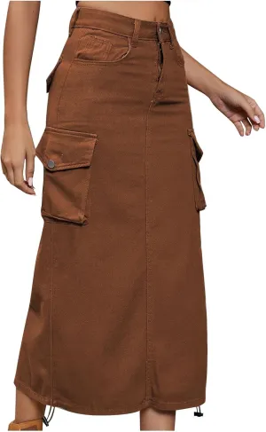 Women's Maxi Pencil Jean Skirt- High Waisted A-Line Long Denim Skirts for Ladies- Y2K Cargo Jean Skirt with Pocket