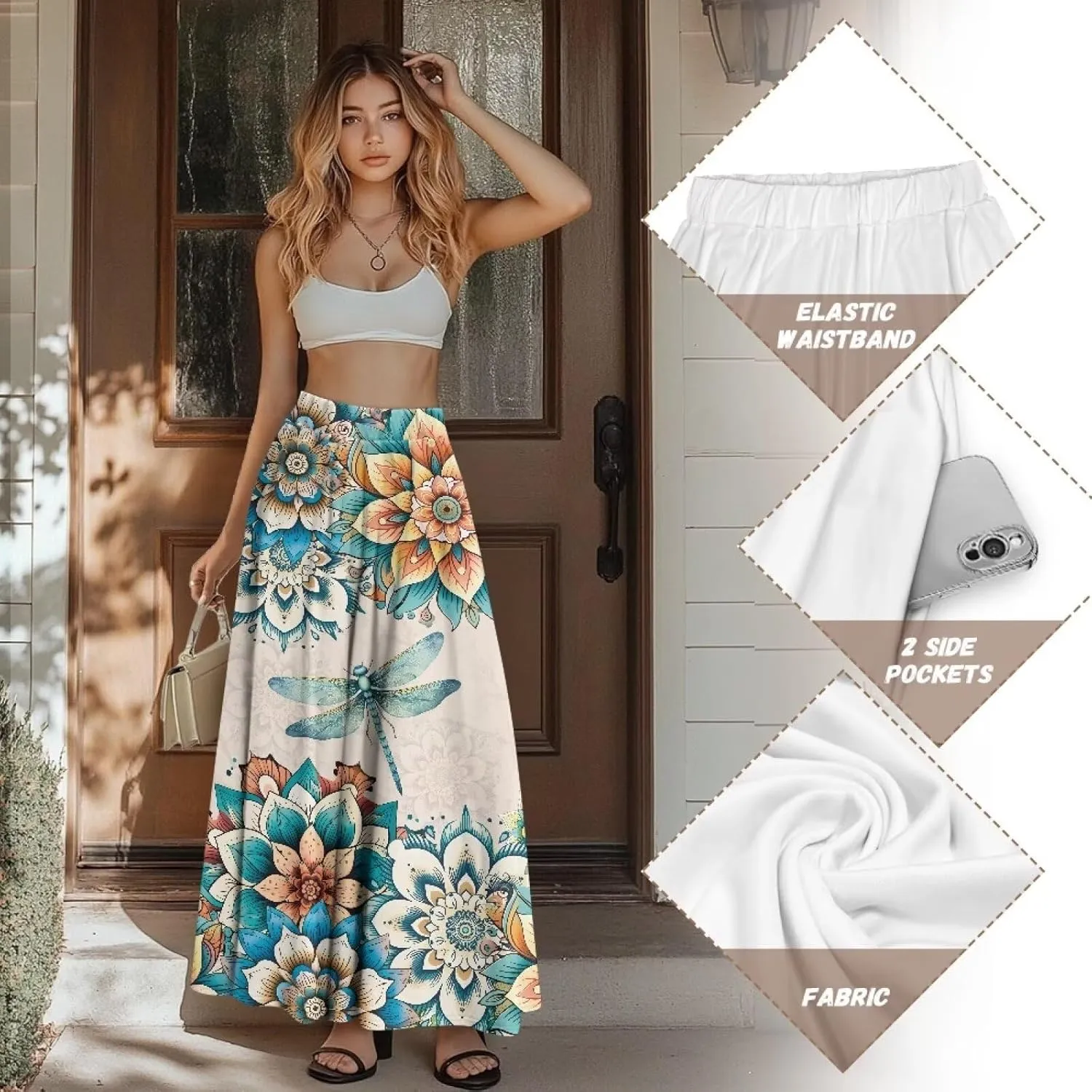 Women's Maxi Pull On Closure Skirt Plus Size Flowy A-Line Skirt with Pockets for Leisure Daily Life