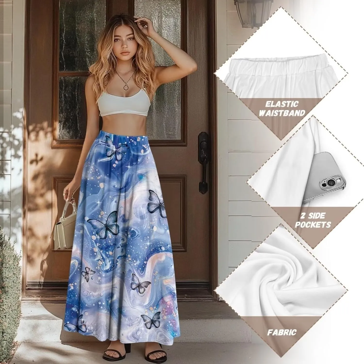 Women's Maxi Pull On Closure Skirt Plus Size Flowy A-Line Skirt with Pockets for Leisure Daily Life