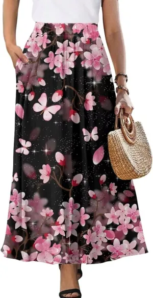 Women's Maxi Pull On Closure Skirt Plus Size Flowy A-Line Skirt with Pockets for Leisure Daily Life